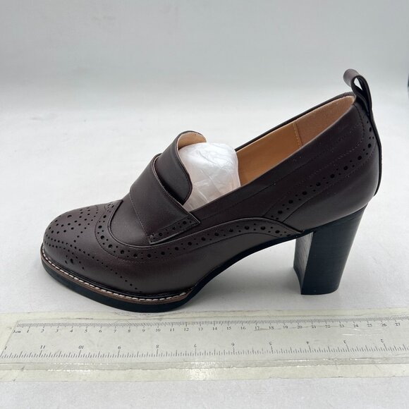 YDN Saddle Brown Chunky High Heels Round Toe Oxford Loafer Dress Shoe - Picture 2 of 8